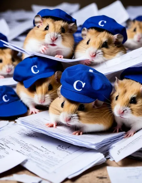 a group of angry hamsters wearing blue caps saying "c" overwhelmed with paperwork in a disorderly mess of papers and archives, extremely detailed, editorial photography