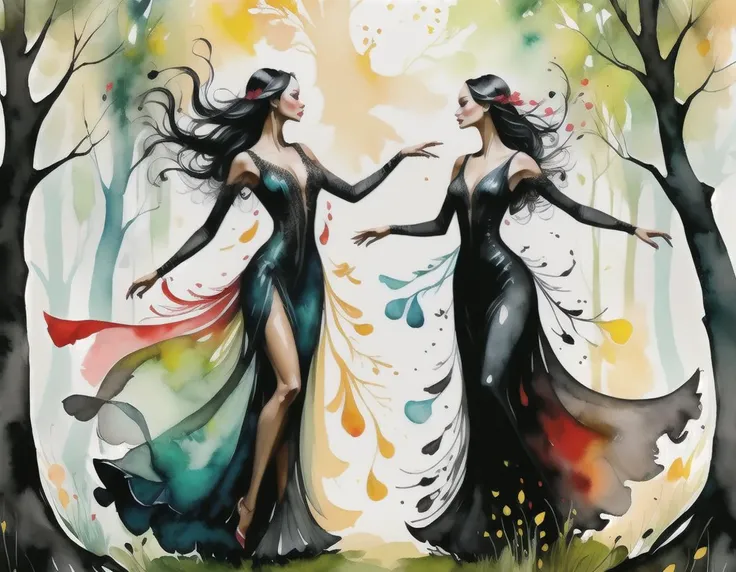 watercolor painting (embedding:R3dBlack.safetensors:1.1), R3dBlack, two sfemale eklves wearing transparent pastel gowns are dancing with each other on a magical forest glade, paintsplashsdxl . vibrant, beautiful, painterly, detailed, textural, artistic
