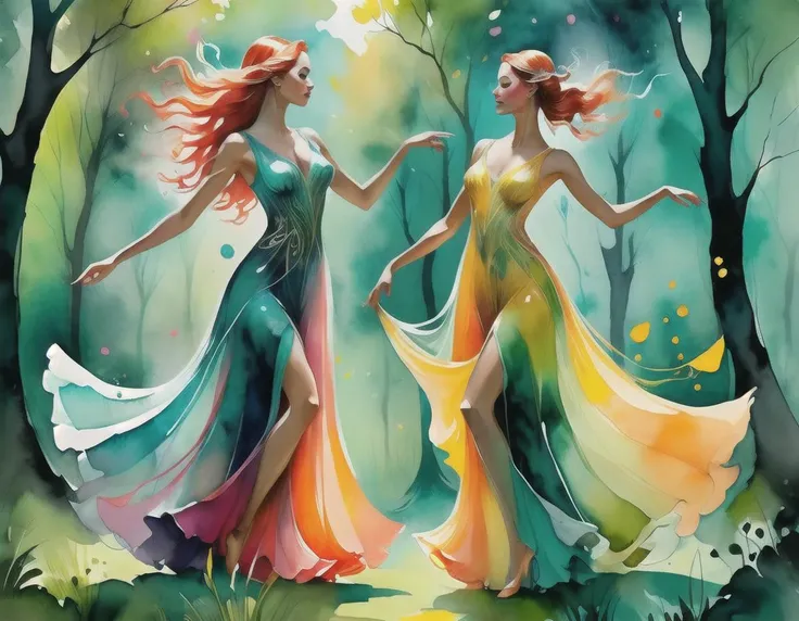 watercolor painting (embedding:0rangeP1nkT3al.safetensors:1.1), 0rangeP1nkT3al, two sfemale eklves wearing transparent pastel gowns are dancing with each other on a magical forest glade, paintsplashsdxl . vibrant, beautiful, painterly, detailed, textural, artistic