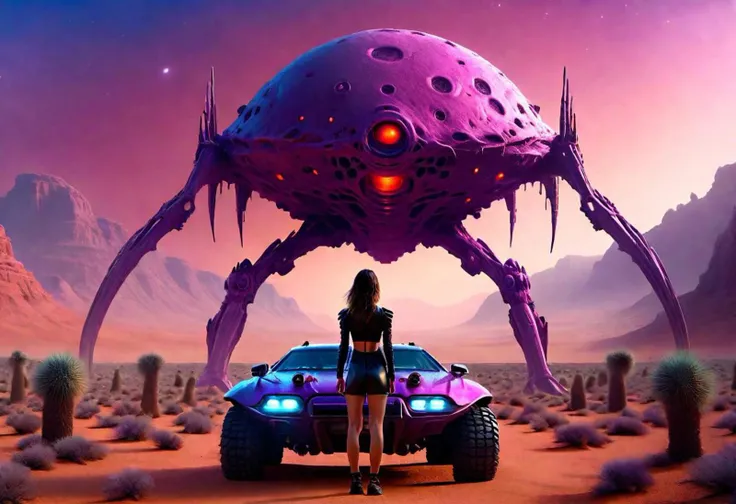(masterpiece photo of 1girl standing in front of vehicle:1.3) ,full body wide angle cinematic shot [standing on path leading to alien city under glass dome], surreal purple sky,(standing woman holding tablet device:1.3), (vehicle focus:1.3),alien planet, surreal desert terrain, arm extended holding tablet, standing next to widebody++ cyberpunk++ prerunner rally offroad car style of (Giorgetto Giugiaro:1.2), (style of Gordon Murray:1.4), (style of Horacio Pagani:1.1),dark stormy clouds paintjob wrap, [alien sky], (magenta and black cloudy skies storms intricate details depth shadows), [ringed planet in distance], dust trails, dust devil <lora:Drone_Cars_XL:0.5>,BREAK, BREAK,(pale, 24 years old, large covered breasts, cleavage, skinny waist, young european woman, futuristic fashionista:1.5), utility belt, map, (Oval-shaped face, luminous complexion, aqua+ almond-shaped eyes, thin high arched eyebrows, small upturned nose, cupid's bow lips:1.2),(backlit sliced bob medium center part white hair:1.3),form-fitting high tech racesuit with neon magenta accents that highlight her silhouette,(dragon scale leggings:1.1),volumetric lighting