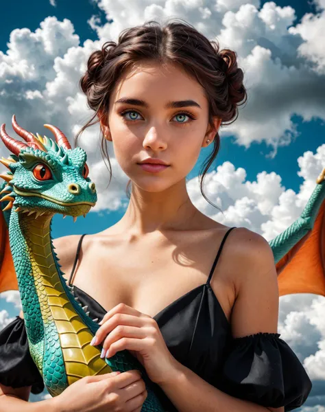 half body, closeup portrait of a beautiful 21yo female with (a little Dragon in her hands), surrounded by white clouds, looking away, piercing eyes, ultra wide angle, ((dream)),