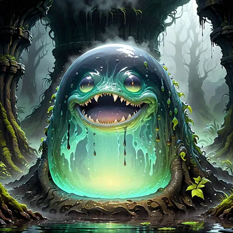 high quality, masterpiece, forest scene, pale skinned slimy monster emerging from the depths of a dark damp ancient well, its depths, enveloped by dark mist, elaborate fantasy style art, intricate details, ultra sharp, exquisite detail, flawless composition <lora:slimeXL:0.8> slime (creature), Translucent