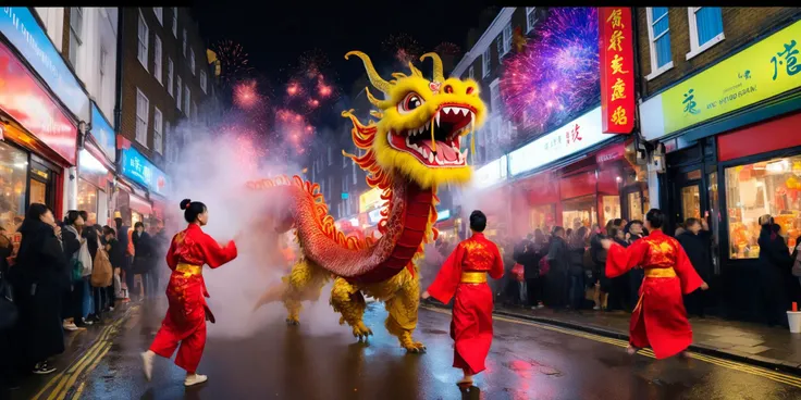 building, bus, bushes, coat, coffee, dirt, dog, driving, man, path, riding, road, sitting, street, the, wet, window, with, woman, women <lora:Fr0gt0w3r (1):1><lora:wulong:1>Chinatown in London came alive with a mesmerizing dragon dance, lively street singing, colorful fireworks, and an infectious joy that united the diverse crowd in a vibrant celebration of the New Year. CyberRealistic_Negative-neg
