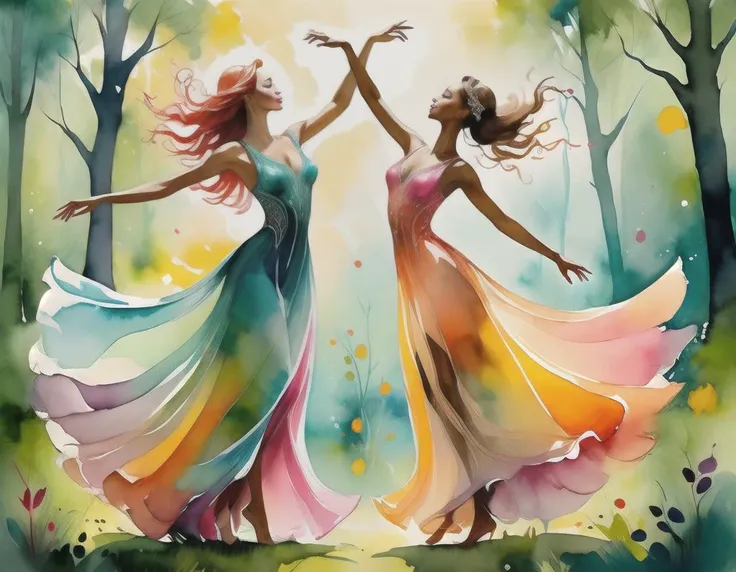 watercolor painting (embedding:0rangeP1nkT3al.safetensors:1.1), 0rangeP1nkT3al, two sfemale eklves wearing transparent pastel gowns are dancing with each other on a magical forest glade, paintsplashsdxl . vibrant, beautiful, painterly, detailed, textural, artistic