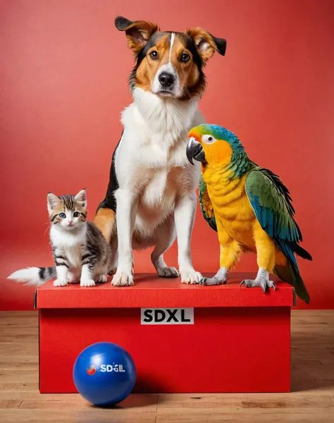 photo of a dog and a cat both standing on a red box, with a blue ball in the middle with a parrot standing on top of the ball. The box has the text "SDXL"