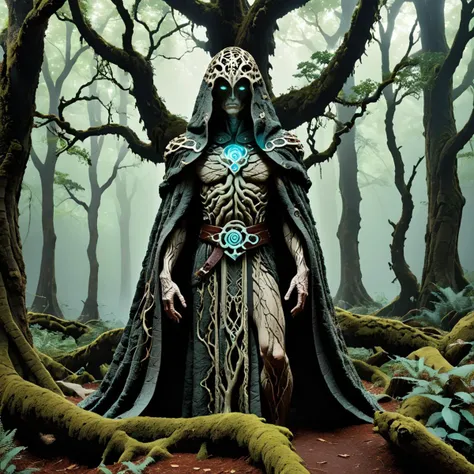 Neo-Rococo, moderate weather, An ancient tree-like being with gnarled limbs and glowing, alien veins, slowly walking through the forest, its bark-covered face stern and wise., An enigmatic figure draped in shadowy robes, standing at the crossroads, their face obscured, offering cryptic guidance to travelers., Stone Walls: Walls constructed from cut or uncut stones., Girdle: Decorative belt or sash., An ancient, sentient tree with glowing runes etched into its bark, standing alone in a clearing, its branches swaying gently. <lora:dcr34sed-c0l0ring:1> dcr34sed_c0l0ring, curved forms, naturalistic ornamentation, elaborate, decorative, gaudy, Neo-Rococo