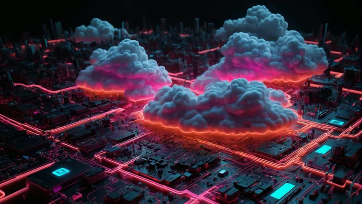 a neon image, cloud computer controlled by AI, uhd, Midjourney