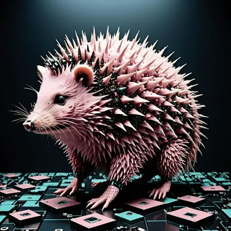 biomechanical cyberpunk, genial weather, Necessity is the mother of invention., Quills: Sharp, needle-like structures found on animals such as porcupines and hedgehogs., Glittering Mosaic: A wall or floor decoration made from tiny pieces of glass or stone, shimmering in a multitude of colors., She moves with passion, but it's all in vain, <lora:dcr34sed-c0l0ring:1> Muted Pink theme, cybernetics, human-machine fusion, dystopian, organic meets artificial, dark, intricate, highly detailed