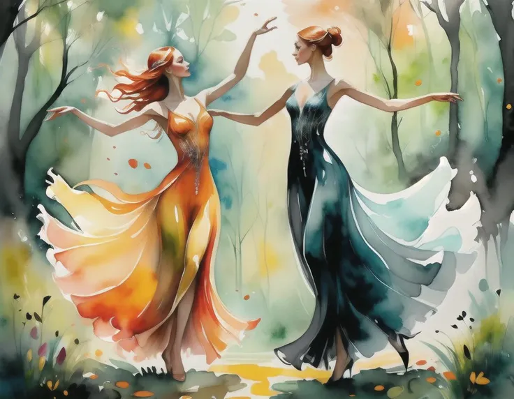 watercolor painting (embedding:CS-OBG.pt:1.1), CS-OBG, two sfemale eklves wearing transparent pastel gowns are dancing with each other on a magical forest glade, paintsplashsdxl . vibrant, beautiful, painterly, detailed, textural, artistic
