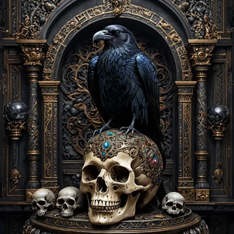 high quality, masterpiece, dark mysterious room, black raven perched on intricately embellished skull, elaborate fantasy style art, intricate details, ultra sharp, exquisite detail, flawless composition, vivid colors