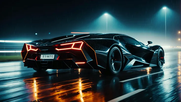 cinematic film still a cinematic shot of a geometric black futuristic car speeding on a wet highway,night,strong key lights,4k,best quality,hd,8k,, . shallow depth of field, vignette, highly detailed, high budget, bokeh, cinemascope, moody, epic, gorgeous, film grain, grainy