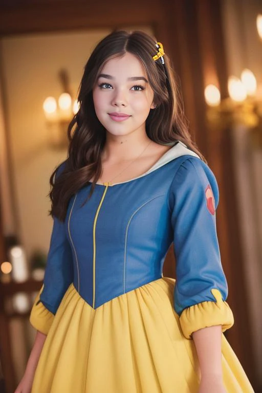 HaileeSteinfeld1,(masterpiece, top quality, best quality, Photograph, film grain, Kodak portra 800, f1.8, beautiful and aesthetic:1.2), (1girl:1.3) smile, SnowPrincessw, (snow white dress from disney, blue, yellow)