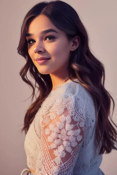 , photo of a HaileeSteinfeld1, portrait, hair, (studio wall), smile, detailed face, intricate, elegant, sharp focus, photo by, soft lighting, vibrant colors, masterpiece, detailed face, beautiful ,