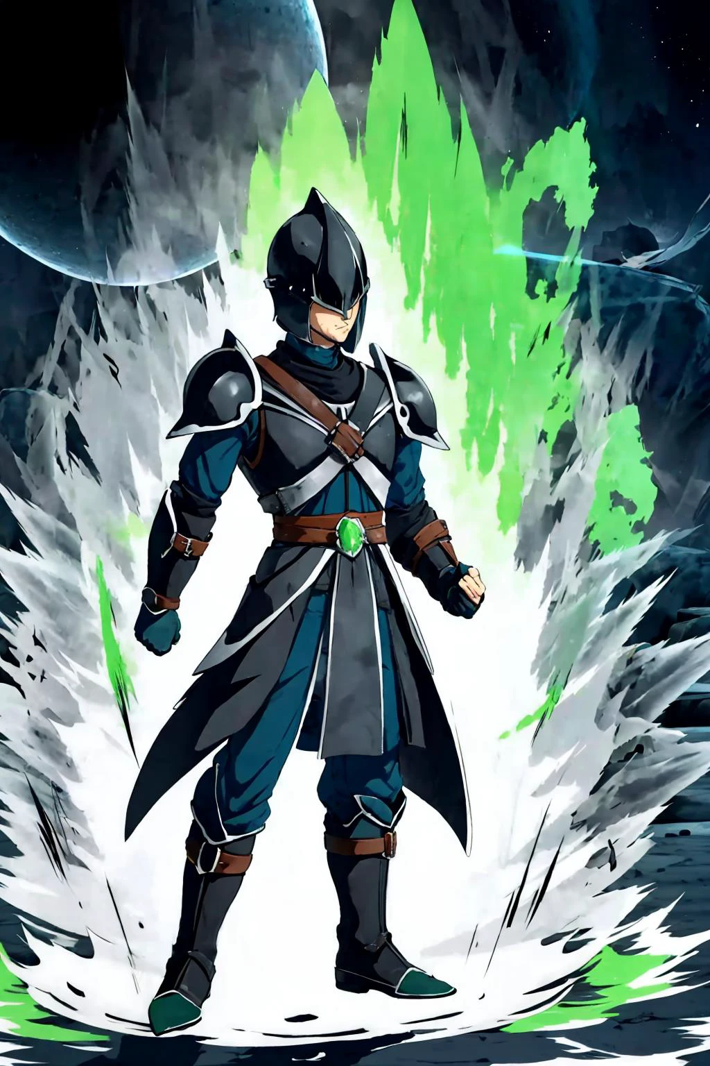 masterpiece, best quality, 313archer, helmet, armor, boots, standing, black background, simple background, ki charge, aura, fighting stance, green aura <lora:313archer-nvwls-v1-000012:0.9> <lora:DBKiCharge:1>