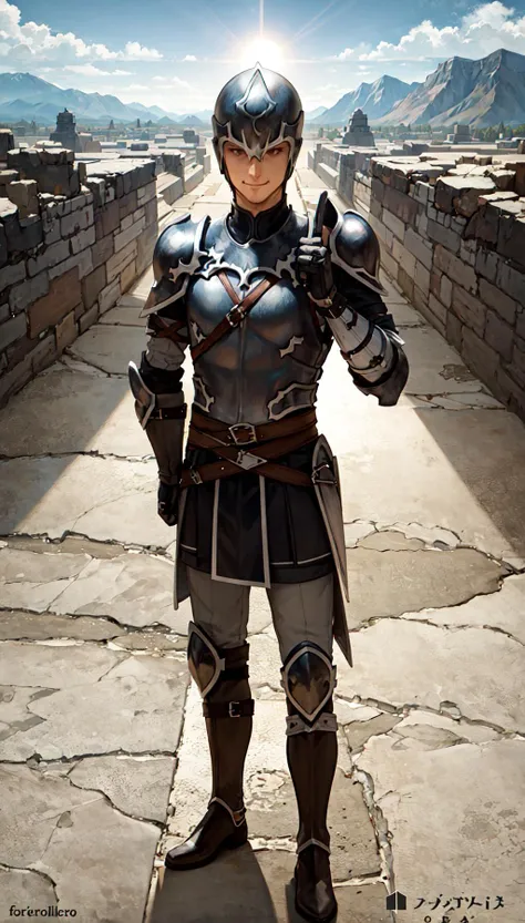 313archer, helmet, armor, boots ,solo, focus, 1man, <lora:313archer-nvwls-v1-final:1>, standing, hands on hips, smug, grin, covered eyes, shadow over eyes, (from above:1.1), foreshortening, backlighting, silhouette, against the sun, mountain, nature, desert, boulder