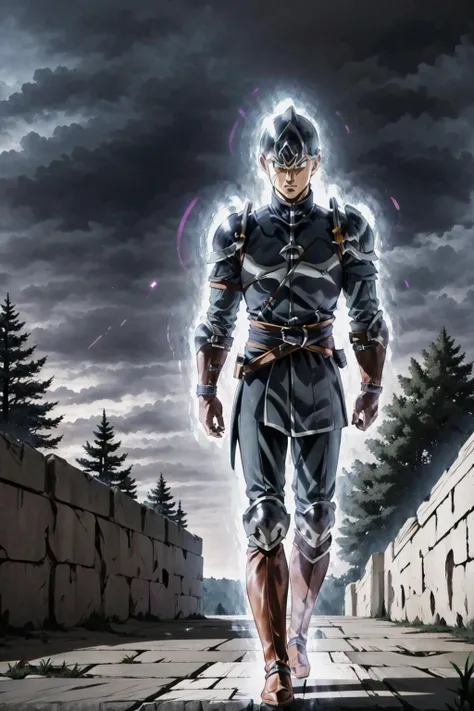 masterpiece, best quality, 313archer, helmet, armor, boots, standing, furrowed brow, serious, battlefield, castle wall, trees, sky, dark skies, aura, ultrainstinct, walking, from side <lora:313archer-nvwls-v1-000012:1> <lora:ultrainstinct_v3_offset:1>
