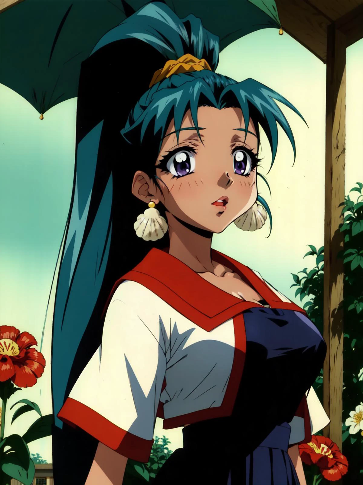 (masterpiece, best quality), 1 girl, marine, dark skin, brown skin, (teal blue-green hair color, hair bangs, pony tail), purple eyes, lipstick, clam shell earrings, big breast, cleavage, (japnese black serafuku school uniform), standing, outdoors, flower garden, raining heavy, nighttime, looking at viewer , <lora:marine:0.6> kotobuki
