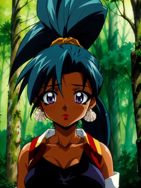 (masterpiece, best quality), 1 girl, marine, dark skin, brown skin, (teal blue-green hair color, hair bangs, pony tail), purple eyes, lipstick, clam shell earrings,  big breast, cleavage, black sailor suit uniform, standing, sad, outdoors, forest background, raining heavy, nighttime, close up shot, , <lora:marine:0.7>   kotobuki