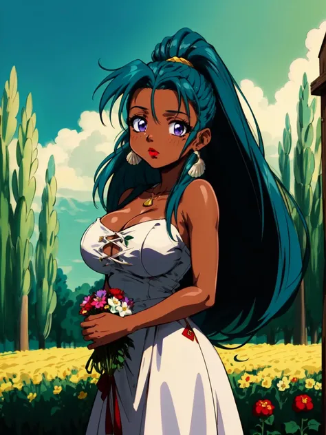 (masterpiece, best quality), 1 girl, marine, dark skin, brown skin, (teal blue-green hair color, hair bangs, long hair), purple eyes, lipstick, clam shell earrings, big breast, cleavage, russian Slavic traditional dress, standing, holding flowers, outdoors, farm field, nighttime, looking at viewer , <lora:marine:0.6>