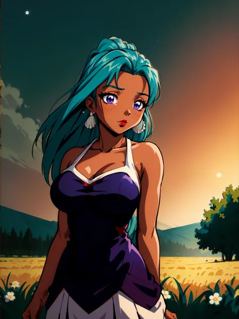 (masterpiece, best quality), 1 girl, marine, dark skin, brown skin, (teal blue-green hair color, hair bangs, long hair), purple eyes, lipstick, clam shell earrings,  big breast, cleavage, russian Slavic traditional dress, standing,  outdoors, farm field, nighttime, looking at viewer , <lora:marine:0.6>    (ilya kuvshinov)