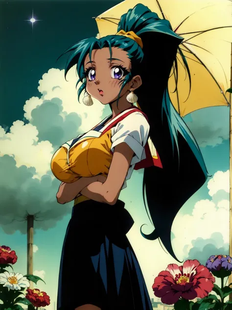 (masterpiece, best quality), 1 girl, marine, dark skin, brown skin, (teal blue-green hair color, hair bangs, pony tail), purple eyes, lipstick, clam shell earrings, big breast, cleavage, (japnese black serafuku school uniform), standing, outdoors, flower garden, raining heavy, nighttime, looking at viewer , <lora:marine:0.6> kotobuki