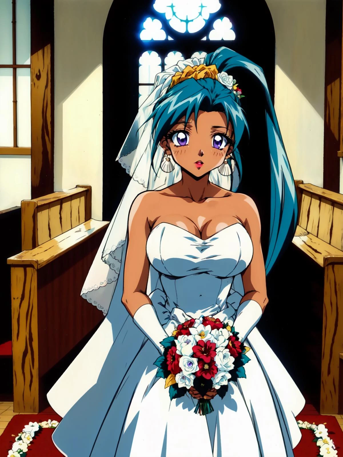 (masterpiece, best quality), 1 girl, marine, dark skin, brown skin, (teal blue-green hair color, hair bangs, pony tail), purple eyes, lipstick, clam shell earrings, big breast, cleavage, (white wedding bridal dress), standing, holding flowers, indoors, church alter, nighttime, looking at viewer , <lora:marine:0.6> kotobuki