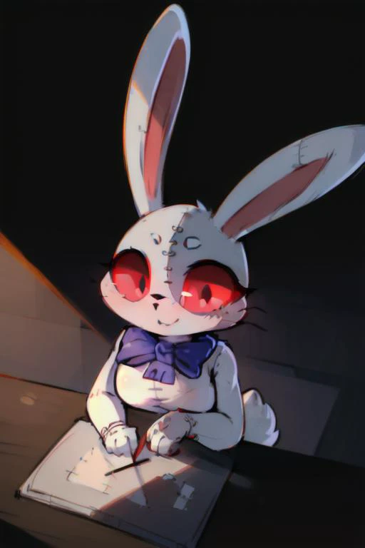 ((Drawing, , , high details, detailed and intricate, intricate details, high intricate details, absurd amount of details)), 1girl, cute, , rabbit ears, red eyes, detailed eyes, patchwork costume, one red glove, blue bow, black pupils, white arms, <lora:Fnaf_Vanny:1>,