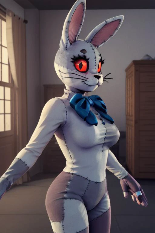 ((3D, Realism, RTX, Volumetric Lighting, Volumetric Light, Volumetric, (8k resolution), 8k, 8kres, 8k res, ((high quality:1.2, masterpiece:1.2)), absurdres, high resolution)), Vanny, anthro, 1girl, cute, <lora:Fnaf_Vanny:1> , rabbit ears, red eyes, detailed eyes, patchwork costume, blue bow, black pupils, from side, medium breasts, looking at viewer,,