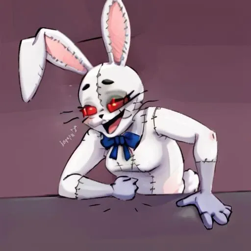 <lora:Wheeze Meme Template 2:1>,  wheeze, wheeze meme, laughing, upper body , <lora:Addams:1>, masterpiece, best quality, rabbit ears, red eyes, detailed eyes, patchwork costume, one red glove, blue bow, black pupils, bunny teeth, vanny,