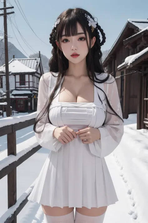 1girl,solo,
yatsen,standing,cowboy shot, hand on own chest,
large breasts, white dress,town,snowing,cleavage, white thighhighs,
<lora:YatSenRuqunV3_NSFW:1>, masterpiece, best quality,incredibly absurdres, 1girl,