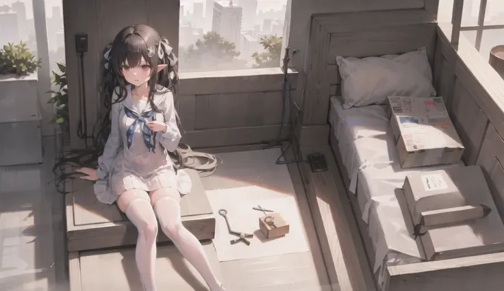 masterpiece, best quality, girl, cute face, brown eyes, mole on breast, sailor shirt, white kneehighs, uwabaki, hair ribbon, hair_bow, arm at side , long hair, platinum blonde hair, pointy ears,