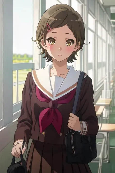 best quality, masterpiece, highres, solo, {katou_hazuki_soundeuphonium:1.15}, short_hair, brown_hair, hair_ornament, hairclip, blush, brown_eyes, serafuku, 1girl, brown_shirt, brown_skirt, kitauji_high_school_uniform, neckerchief, red_neckerchief, sailor_collar, school_uniform, skirt, white_sailor_collar, long_sleeves, bag, school_bag