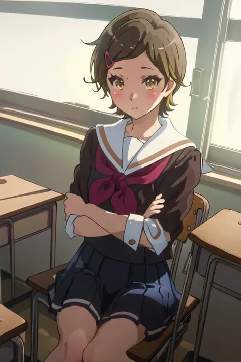 best quality, masterpiece, highres, solo, {katou_hazuki_soundeuphonium:1.15}, short_hair, brown_hair, hair_ornament, hairclip, blush, brown_eyes, serafuku, 1girl, chair, classroom, desk, kitauji_high_school_uniform, school_desk, school_uniform, indoors, looking_at_viewer, neckerchief, crossed_arms, yellow_eyes