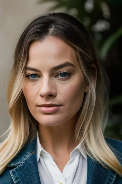 Realistic photo of a beautiful m4rg0tr-v2 woman, 1girl, solo, long hair, blue eyes, blonde hair, simple background, closed mouth, lips, looking to the side, makeup, portrait, realistic, nose, soft lighting, professional Photography, Photorealistic, detailed, RAW, analog, sharp focus, 8k, HD, DSLR, high quality, Fujifilm XT3, film grain, award winning, masterpiece<lora:m4rg0tr-v2:1.0>