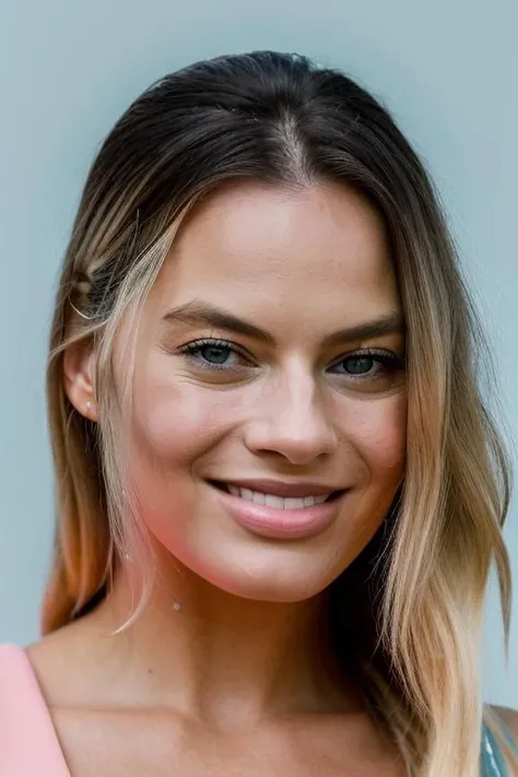Realistic photo of a beautiful m4rg0tr-v2 woman, 1girl, solo, long hair, looking at viewer, smile, blue eyes, blonde hair, upper body, teeth, grin, lips, pink background, portrait, realistic, soft lighting, professional Photography, Photorealistic, detailed, RAW, analog, sharp focus, 8k, HD, DSLR, high quality, Fujifilm XT3, film grain, award winning, masterpiece<lora:m4rg0tr-v2:1.0>