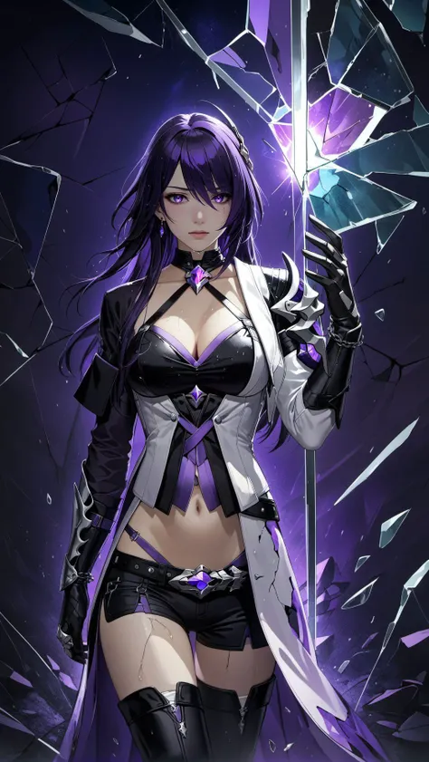 purpleish color,Hollow-out on,big breasts exposed cleavage,Bare chest,Exposed flesh,Legs,high-heels,Mesh socks,legs separated,open waist,Harnes,strappy,