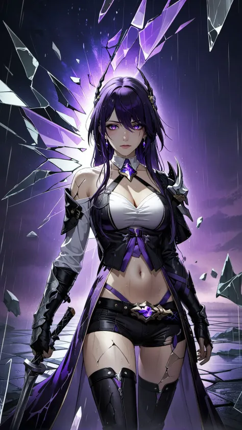 masterpiece, best quality, high quality, amazing composition, 1girl, from front, acheron, white asymmetrical clothing, , shoulder armor, brooch, hair ornament, earrings, chained gauntlet, asymmetrical legwear, leather glove, dark hair, sad, wet, (rain:1.2), raining, cowboy shot, dynamic pose, epic action scene, <lora:Acheron_v093:0.8>, (background like a broken glass effects:1.8), crack on the sky, dimension crack, (abstract:1.4), made of ([black and purple]:1.4) colors, (glowing glass piece:1.5), galaxy background