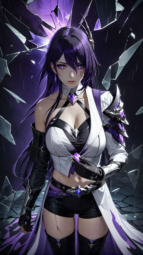 masterpiece, best quality, high quality, amazing composition, 1girl, from front, acheron, white asymmetrical clothing, , shoulder armor, brooch, hair ornament, earrings, chained gauntlet, asymmetrical legwear, leather glove, dark hair, sad, wet, (rain:1.2), raining, cowboy shot, dynamic pose, epic action scene, <lora:Acheron_v093:0.8>, (background like a broken glass effects:1.8), crack on the sky, dimension crack, (abstract:1.4), made of ([black and purple]:1.5) colors, glowing glass piece, galaxy background, purple eyes