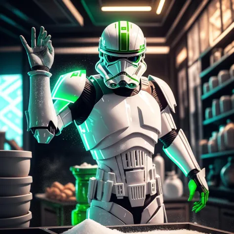 HD, masterpiece, best quality, full body shot of a stormtrooper, SaltBaeMeme, salt, sunglases, wearing white and green helmet, looking at viewer, green glowing eyes, wearing white armor, kitchen in background, <lora:StormTrooperE10:0.6>, <lora:SaltBaeMeme:1>
