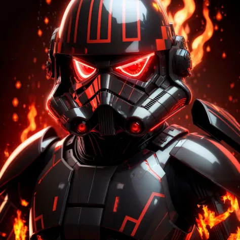 HD, masterpiece, best quality, stormtrooper, wearing black red helmet, looking at viewer, red glowing eyes, burning background, <lora:StormTrooperE10:0.5>