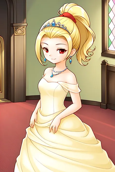 1 girl,indoors, church, standing, smile, stained glass, 
 <lora:Harvest_Moon_Hero_of_Leaf_Valley_-_Gwen:0.6> holvgwen, blonde hair, red eyes, ponytail, red scrunchie, earrings, forehead,
tiara, wedding dress, yellow dress, sleeveless dress, bare shoulders, necklace,