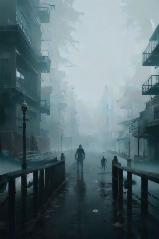 (a man walking alone in an abandoned village), silent hill, fog, mist, dark setting, very vivid lighting, detailed, (vibrant, photo realistic, realistic, sharp focus),