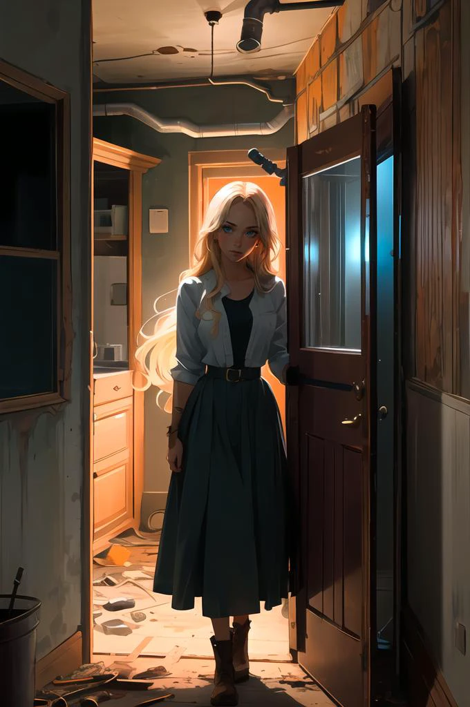 ultra detailed, masterpiece, best quality, detailed backgound, solo, 1girl, blue eyes, very long hair, blonde hair, long blonde hair, french braid, bangs, medium breasts,
rust, rust walls, padded walls, chained door, red door, abandoned, asylum,
low light,
flashlight beam, holding holding flashlight, holding industrial pipe, lead pipe, red sky, perspective, depth of field,
shadow figure in background,