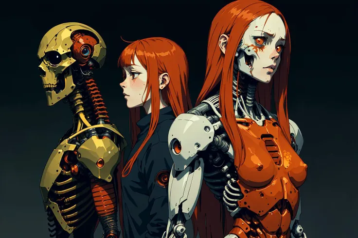 horror illustration, anime, 1girl, solo, cute ginger woman with long hair standing in line at a a biogel dispensary, robotic limbs, metal musculature, bleak cyberpunk