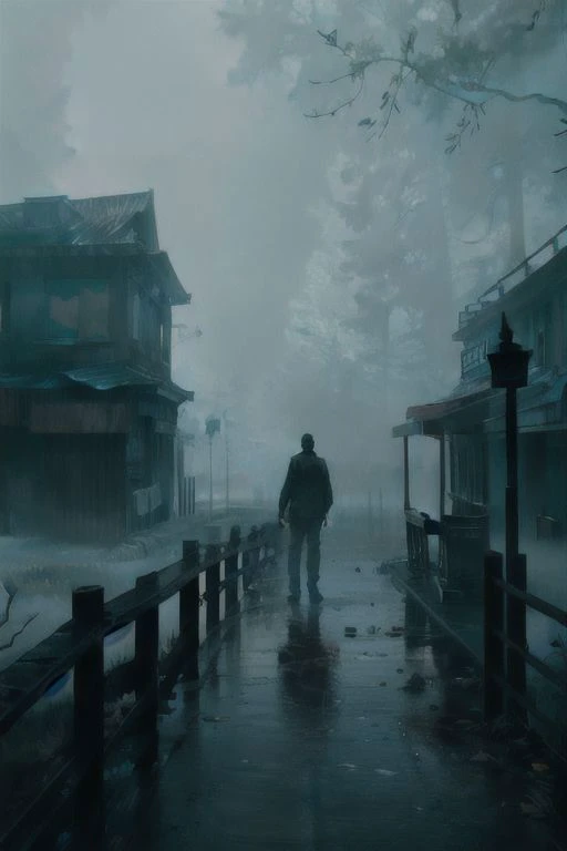 (a man walking alone in an abandoned village), silent hill, fog, mist, dark setting, very vivid lighting, detailed, (vibrant, photo realistic, realistic, sharp focus),