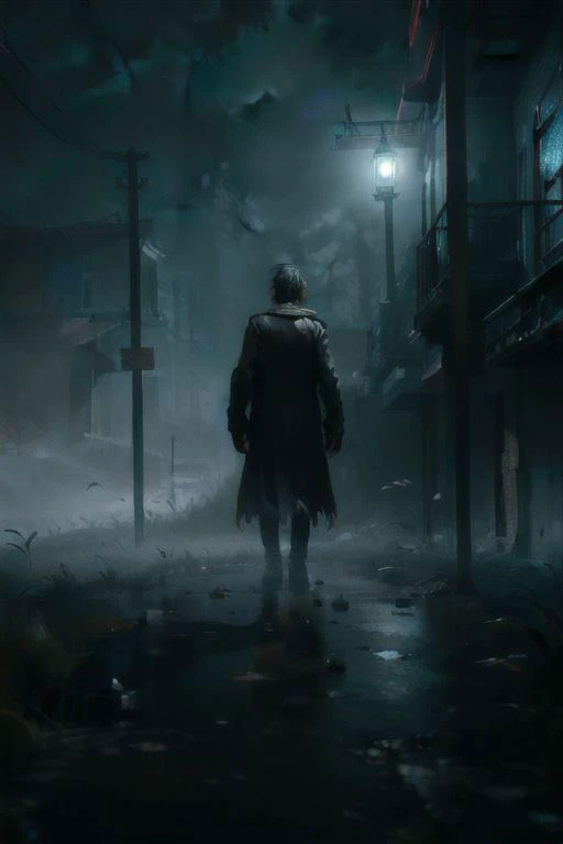 (a man walking alone in an abandoned village), silent hill, fog, mist, dark setting, very vivid lighting, detailed, (vibrant, photo realistic, realistic, sharp focus),