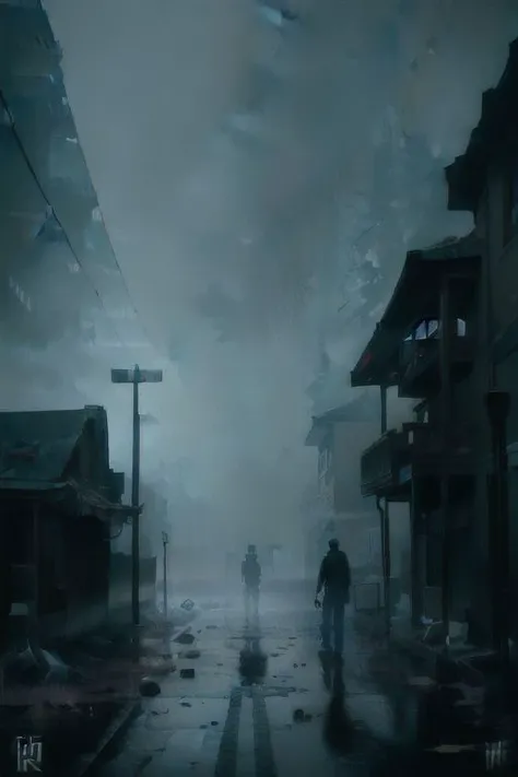 (a man walking alone in an abandoned village), silent hill, fog, mist, dark setting, very vivid lighting, detailed, (vibrant, photo realistic, realistic, sharp focus),