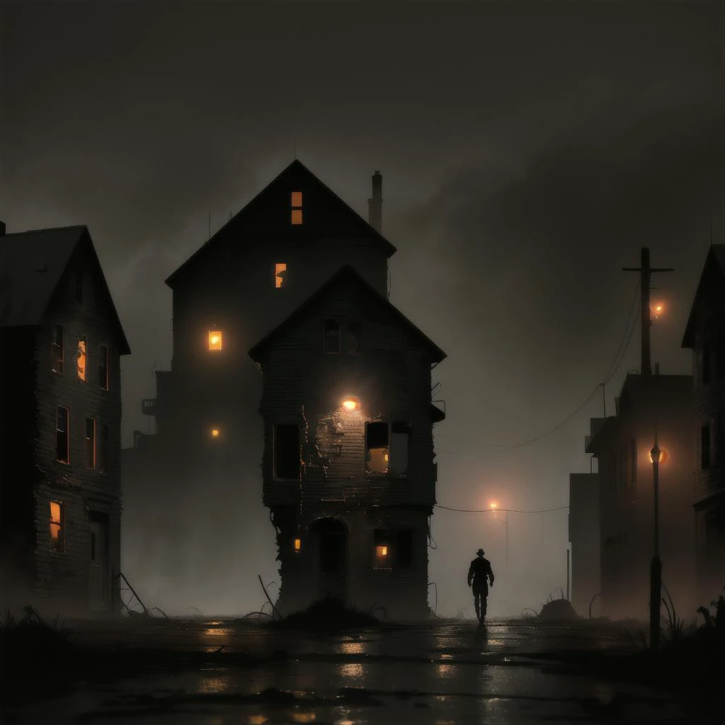 dark, misty, mining town, night time, view from street level, rot, decay, wet street, small american town, dense mist, hospital in the background, single story houses, American Mining Town, lone figure in foreground viewed from behind in foreground, school gates to the right, empty buildings, town center