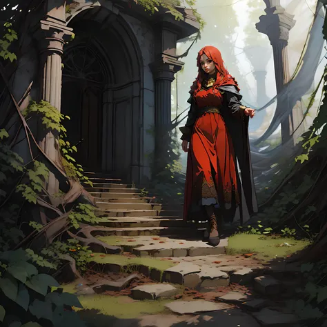 (high quality), nodf_lora, 1girl, solo, portrait, long hair, red dress, cape, grass, stairs, overgrown, pillar, (depth of field), <lora:notion_of_dark_fantasy-nodf:1>