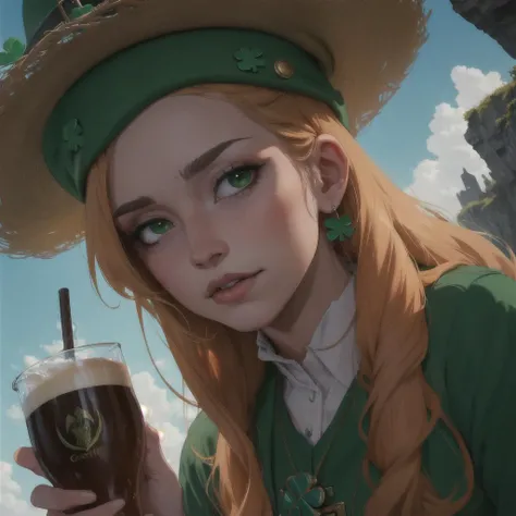 ((masterpiece, best quality)), <lora:ShamrockWorld-10:0.8>, ShamrockWorld, clover, four-leaf clover, light particles, solo, simple background, hat, white background, holding, belt, cup, no humans, animal, holding cup, alcohol, mug, green headwear, hat feather, animal focus, beer, beer mug, clover, four-leaf clover, green cape, green capelet